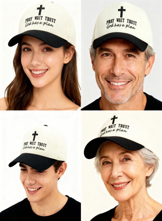 HAFOUXIGM Christian Baseball Cap for Men Women, Embroidered Pray Wait Trust God Has A Plan Jesus Cross Hat Adjustable Faith Trucker Hat Beige/Black - Image 2